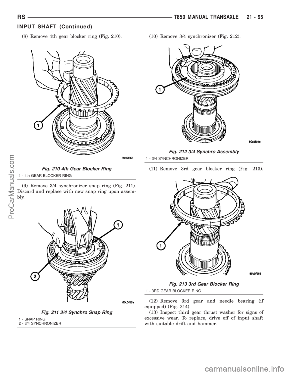 DODGE TOWN AND COUNTRY 2003  Service Manual (8) Remove 4th gear blocker ring (Fig. 210).
(9) Remove 3/4 synchronizer snap ring (Fig. 211).
Discard and replace with new snap ring upon assem-
bly.(10) Remove 3/4 synchronizer (Fig. 212).
(11) Remo