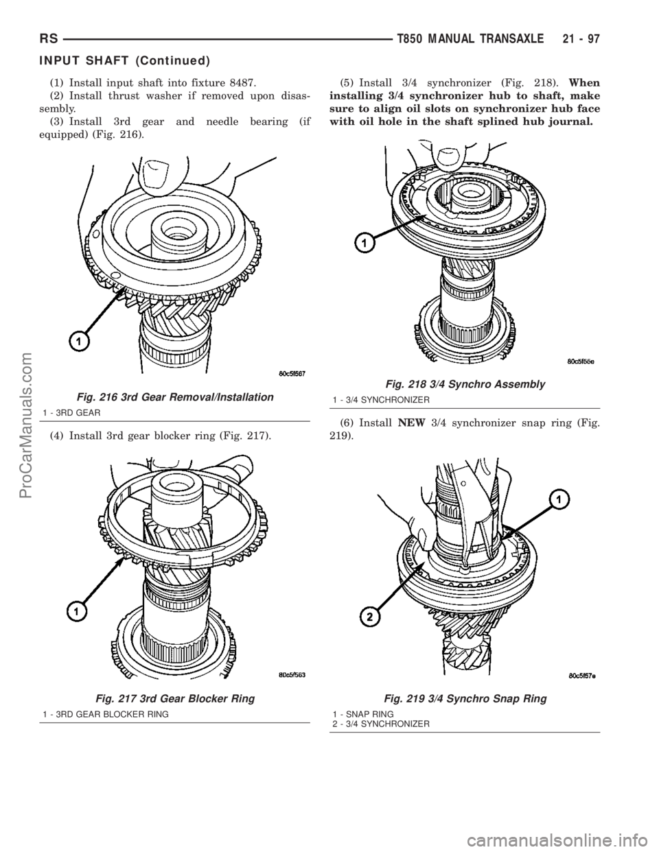 DODGE TOWN AND COUNTRY 2003  Service Manual (1) Install input shaft into fixture 8487.
(2) Install thrust washer if removed upon disas-
sembly.
(3) Install 3rd gear and needle bearing (if
equipped) (Fig. 216).
(4) Install 3rd gear blocker ring 