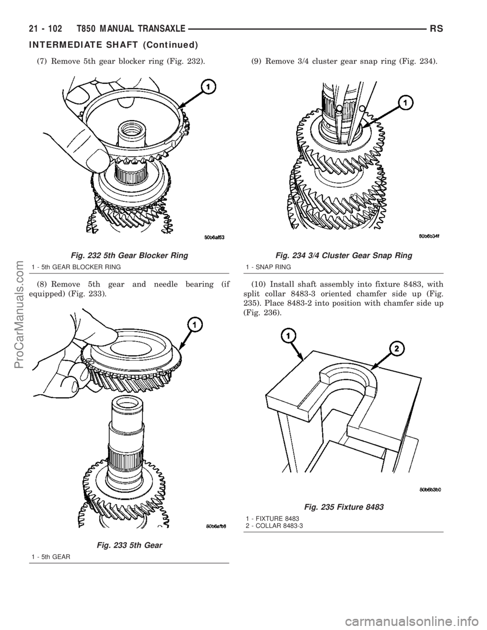 DODGE TOWN AND COUNTRY 2003  Service Manual (7) Remove 5th gear blocker ring (Fig. 232).
(8) Remove 5th gear and needle bearing (if
equipped) (Fig. 233).(9) Remove 3/4 cluster gear snap ring (Fig. 234).
(10) Install shaft assembly into fixture 