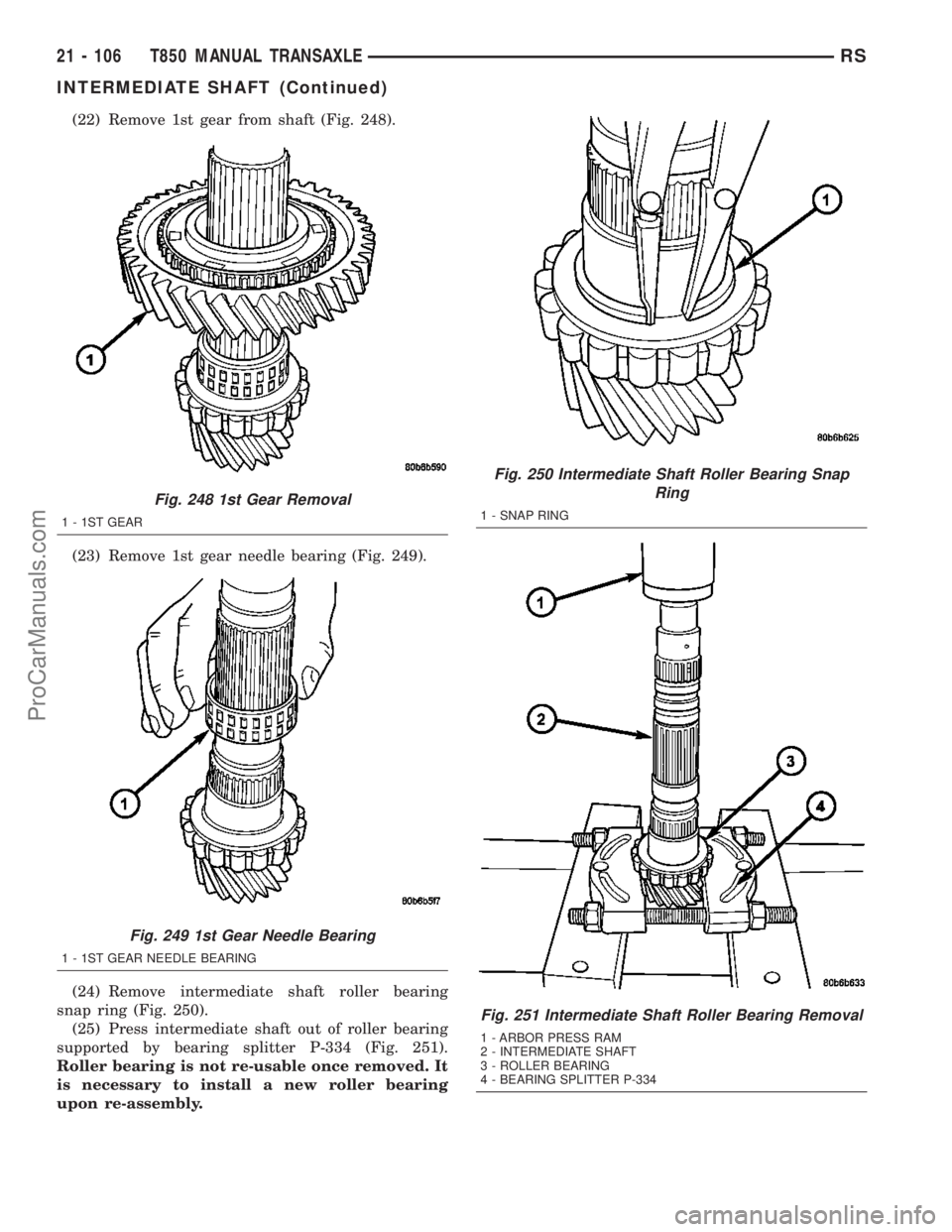 DODGE TOWN AND COUNTRY 2003  Service Manual (22) Remove 1st gear from shaft (Fig. 248).
(23) Remove 1st gear needle bearing (Fig. 249).
(24) Remove intermediate shaft roller bearing
snap ring (Fig. 250).
(25) Press intermediate shaft out of rol