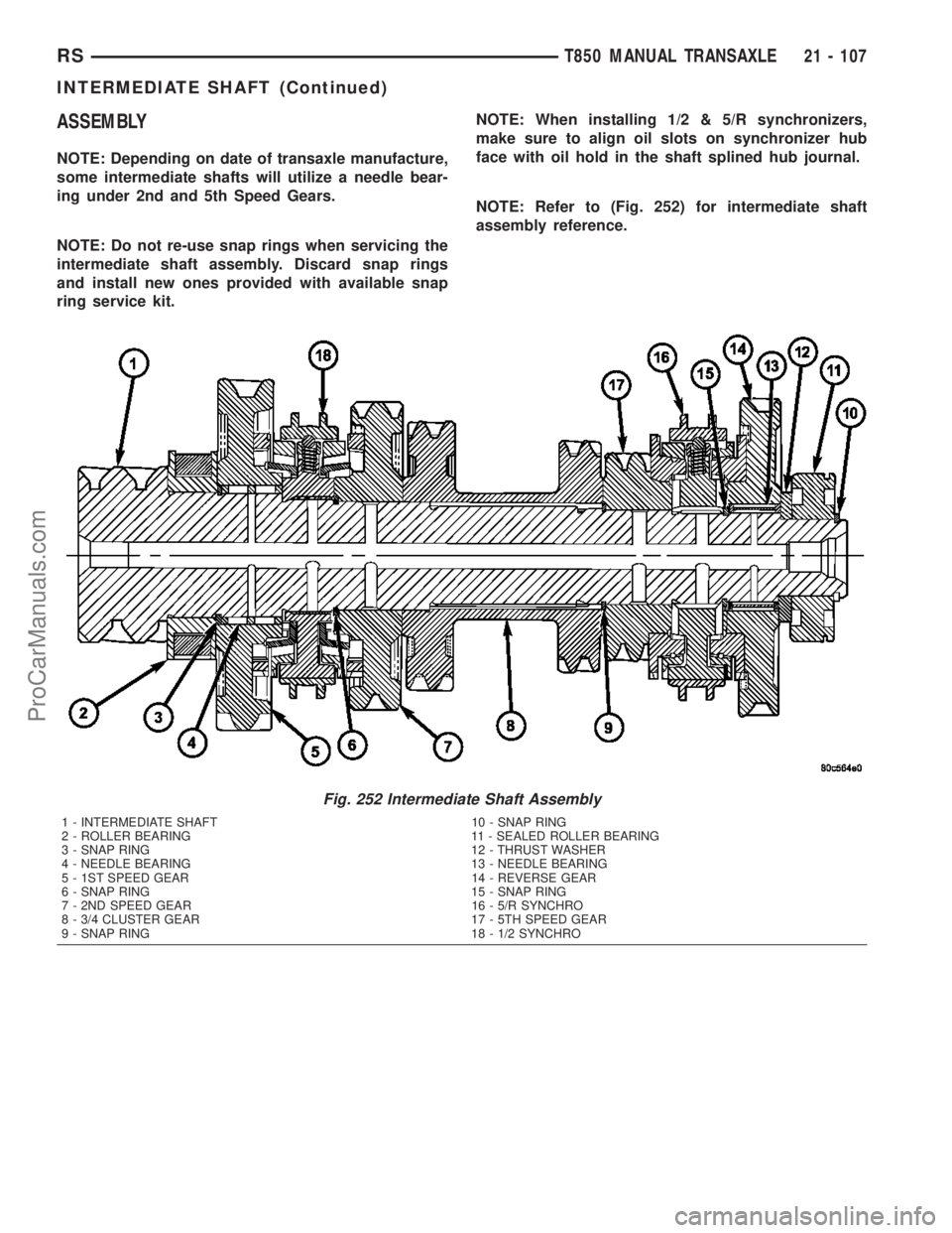 DODGE TOWN AND COUNTRY 2003  Service Manual ASSEMBLY
NOTE: Depending on date of transaxle manufacture,
some intermediate shafts will utilize a needle bear-
ing under 2nd and 5th Speed Gears.
NOTE: Do not re-use snap rings when servicing the
int