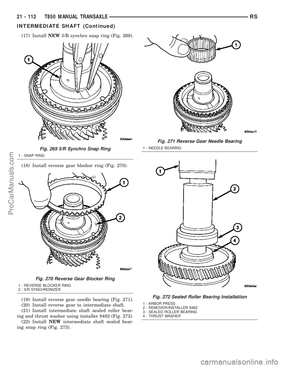 DODGE TOWN AND COUNTRY 2003  Service Manual (17) InstallNEW5/R synchro snap ring (Fig. 269).
(18) Install reverse gear blocker ring (Fig. 270).
(19) Install reverse gear needle bearing (Fig. 271).
(20) Install reverse gear to intermediate shaft