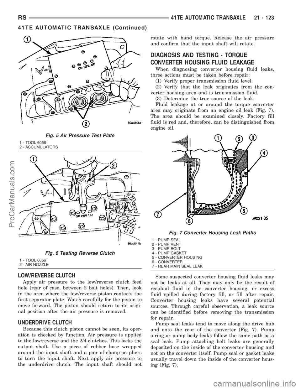 DODGE TOWN AND COUNTRY 2003  Service Manual LOW/REVERSE CLUTCH
Apply air pressure to the low/reverse clutch feed
hole (rear of case, between 2 bolt holes). Then, look
in the area where the low/reverse piston contacts the
first separator plate. 