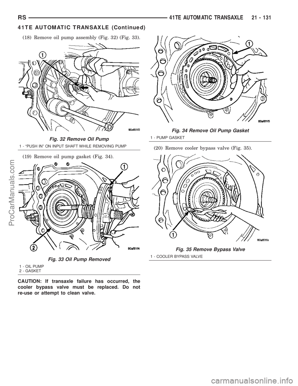 DODGE TOWN AND COUNTRY 2003  Service Manual (18) Remove oil pump assembly (Fig. 32) (Fig. 33).
(19) Remove oil pump gasket (Fig. 34).
CAUTION: If transaxle failure has occurred, the
cooler bypass valve must be replaced. Do not
re-use or attempt