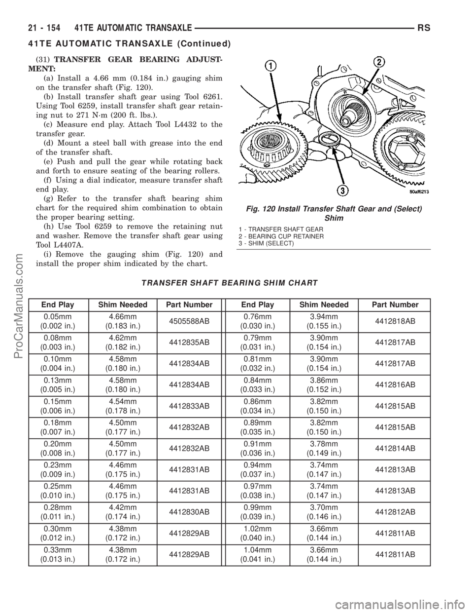 DODGE TOWN AND COUNTRY 2003  Service Manual (31)TRANSFER GEAR BEARING ADJUST-
MENT:
(a) Install a 4.66 mm (0.184 in.) gauging shim
on the transfer shaft (Fig. 120).
(b) Install transfer shaft gear using Tool 6261.
Using Tool 6259, install trans