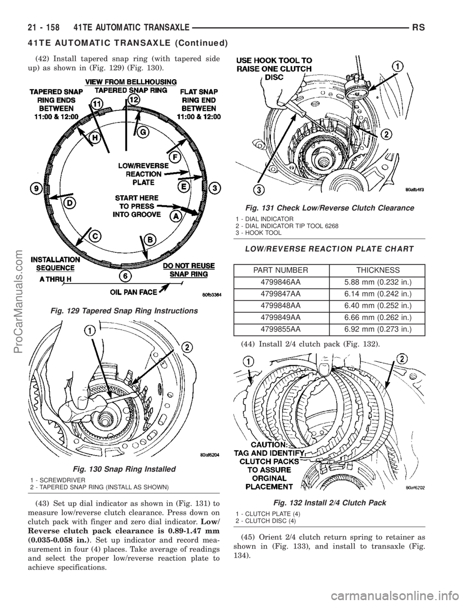 DODGE TOWN AND COUNTRY 2003  Service Manual (42) Install tapered snap ring (with tapered side
up) as shown in (Fig. 129) (Fig. 130).
(43) Set up dial indicator as shown in (Fig. 131) to
measure low/reverse clutch clearance. Press down on
clutch