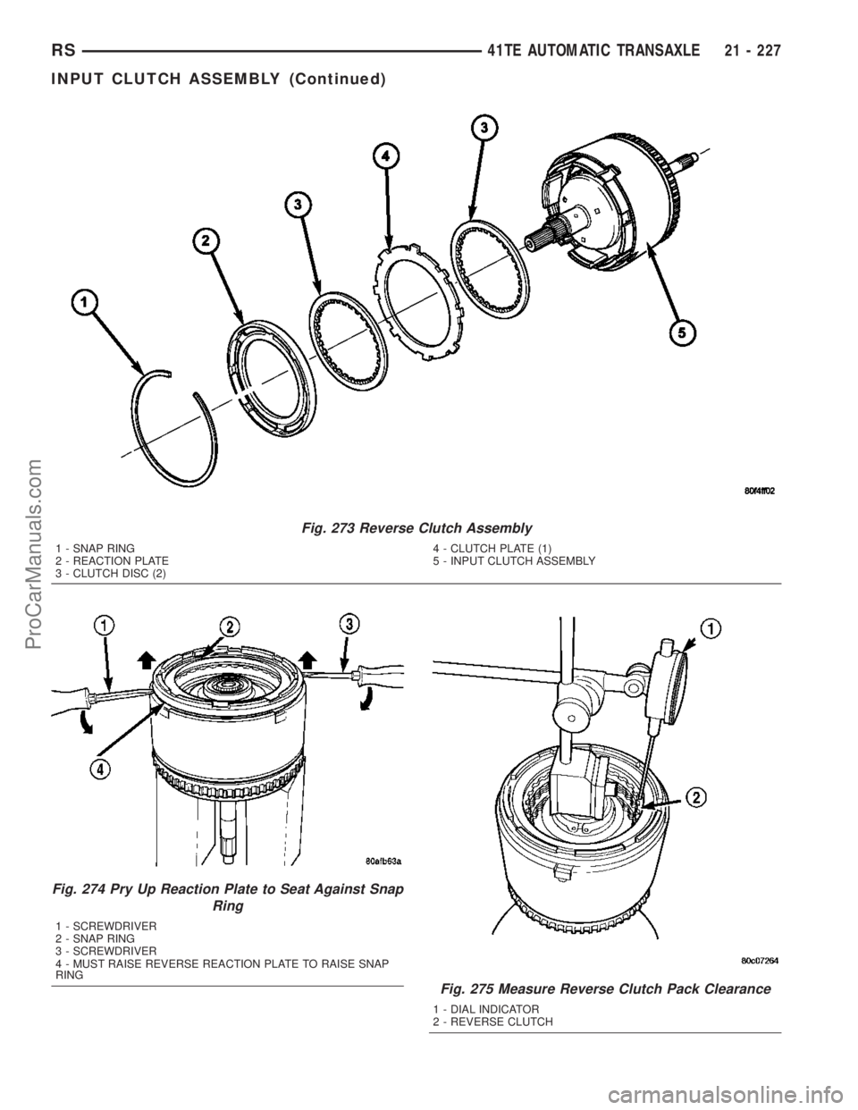 DODGE TOWN AND COUNTRY 2003  Service Manual Fig. 273 Reverse Clutch Assembly
1 - SNAP RING
2 - REACTION PLATE
3 - CLUTCH DISC (2)4 - CLUTCH PLATE (1)
5 - INPUT CLUTCH ASSEMBLY
Fig. 274 Pry Up Reaction Plate to Seat Against Snap
Ring
1 - SCREWDR