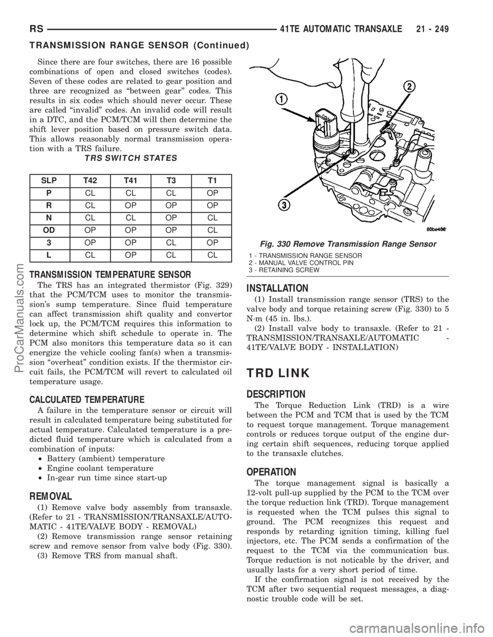 DODGE TOWN AND COUNTRY 2003  Service Manual Since there are four switches, there are 16 possible
combinations of open and closed switches (codes).
Seven of these codes are related to gear position and
three are recognized as ªbetween gearº co