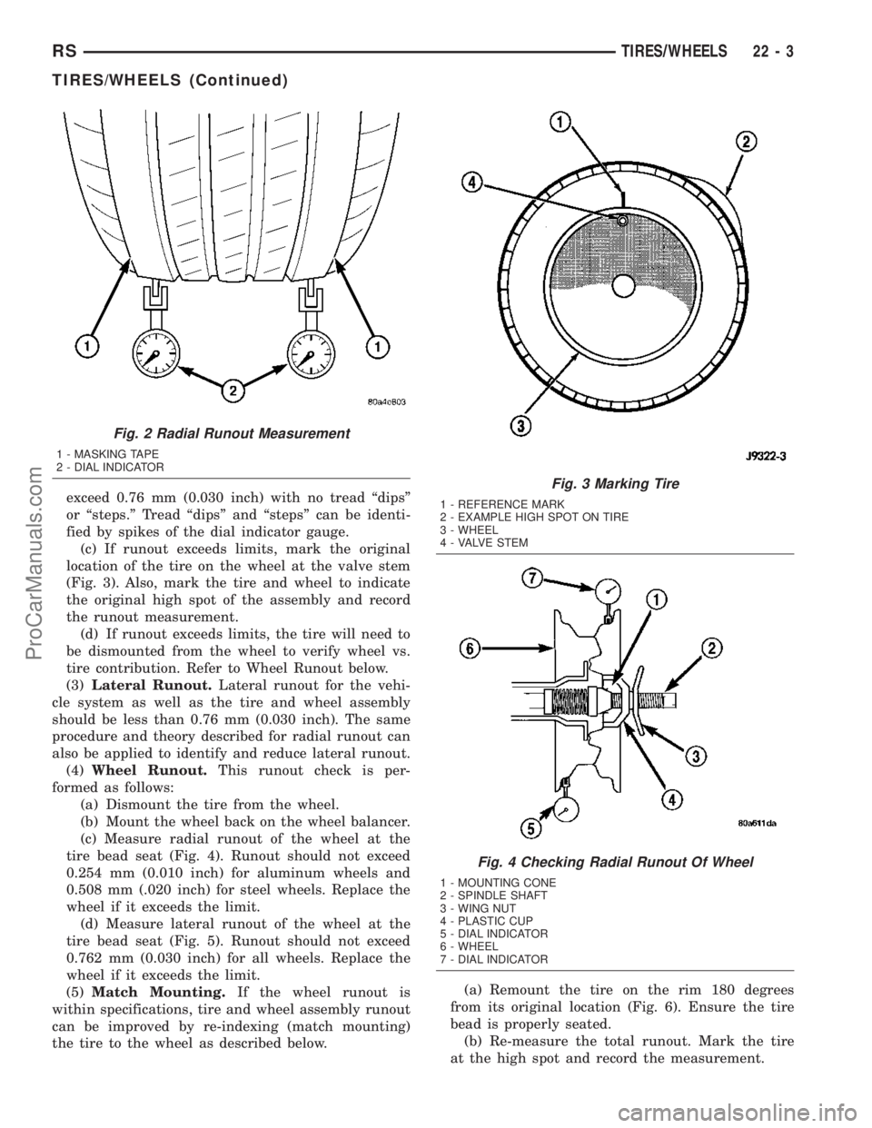 DODGE TOWN AND COUNTRY 2003 Service Manual exceed 0.76 mm (0.030 inch) with no tread ªdipsº
or ªsteps.º Tread ªdipsº and ªstepsº can be identi-
fied by spikes of the dial indicator gauge.
(c) If runout exceeds limits, mark the original DODGE TOWN AND COUNTRY 2003 Service Manual exceed 0.76 mm (0.030 inch) with no tread ªdipsº
or ªsteps.º Tread ªdipsº and ªstepsº can be identi-
fied by spikes of the dial indicator gauge.
(c) If runout exceeds limits, mark the original