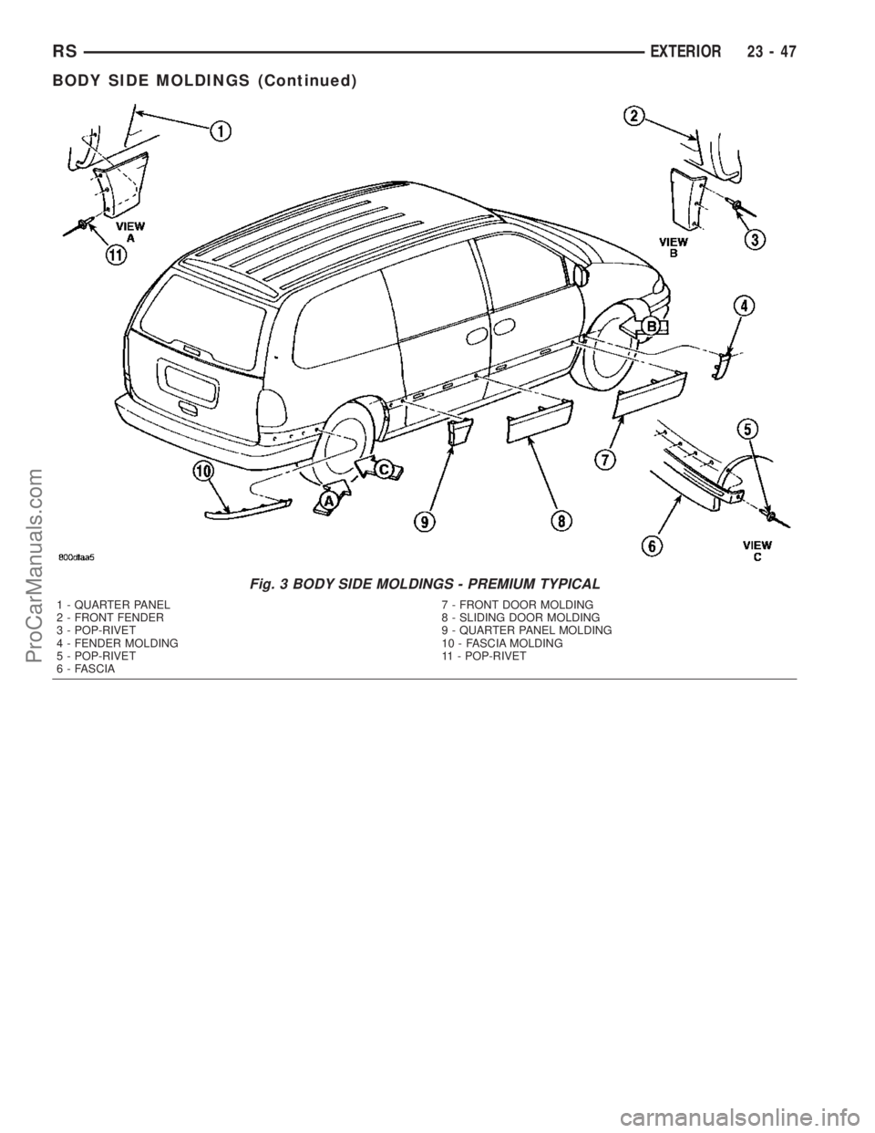DODGE TOWN AND COUNTRY 2003  Service Manual Fig. 3 BODY SIDE MOLDINGS - PREMIUM TYPICAL
1 - QUARTER PANEL
2 - FRONT FENDER
3 - POP-RIVET
4 - FENDER MOLDING
5 - POP-RIVET
6 - FASCIA7 - FRONT DOOR MOLDING
8 - SLIDING DOOR MOLDING
9 - QUARTER PANE