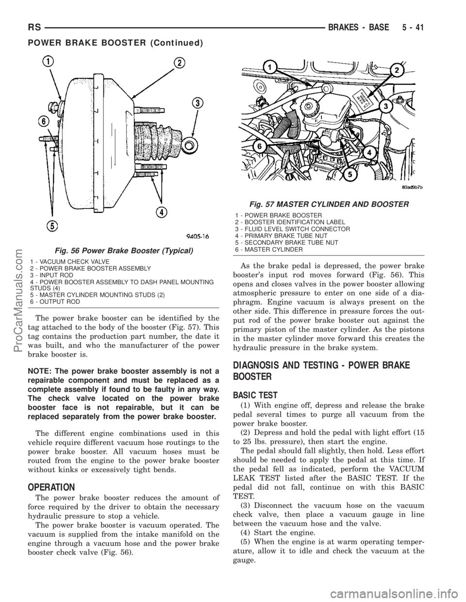 DODGE TOWN AND COUNTRY 2003 Service Manual The power brake booster can be identified by the
tag attached to the body of the booster (Fig. 57). This
tag contains the production part number, the date it
was built, and who the manufacturer of the DODGE TOWN AND COUNTRY 2003 Service Manual The power brake booster can be identified by the
tag attached to the body of the booster (Fig. 57). This
tag contains the production part number, the date it
was built, and who the manufacturer of the