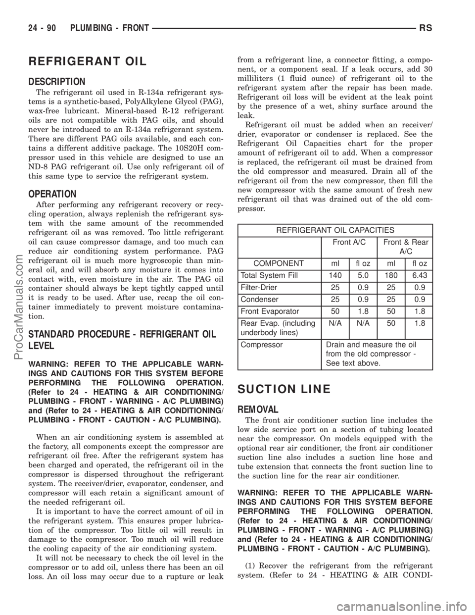 DODGE TOWN AND COUNTRY 2003  Service Manual REFRIGERANT OIL
DESCRIPTION
The refrigerant oil used in R-134a refrigerant sys-
tems is a synthetic-based, PolyAlkylene Glycol (PAG),
wax-free lubricant. Mineral-based R-12 refrigerant
oils are not co