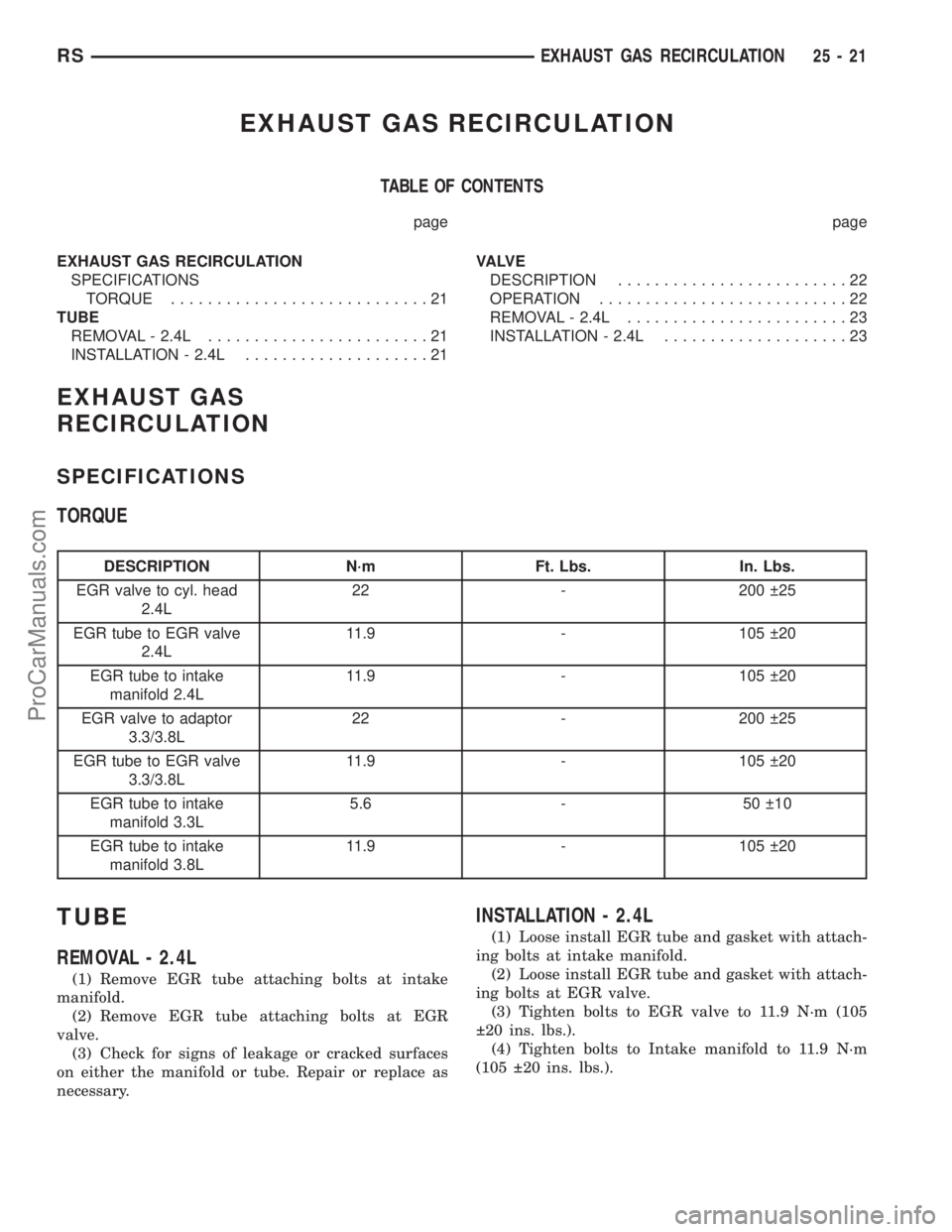 DODGE TOWN AND COUNTRY 2003  Service Manual EXHAUST GAS RECIRCULATION
TABLE OF CONTENTS
page page
EXHAUST GAS RECIRCULATION
SPECIFICATIONS
TORQUE............................21
TUBE
REMOVAL - 2.4L........................21
INSTALLATION - 2.4L...