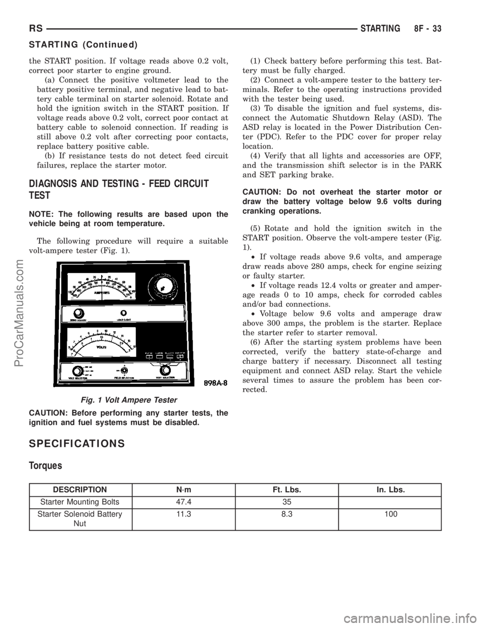 DODGE TOWN AND COUNTRY 2003  Service Manual the START position. If voltage reads above 0.2 volt,
correct poor starter to engine ground.
(a) Connect the positive voltmeter lead to the
battery positive terminal, and negative lead to bat-
tery cab