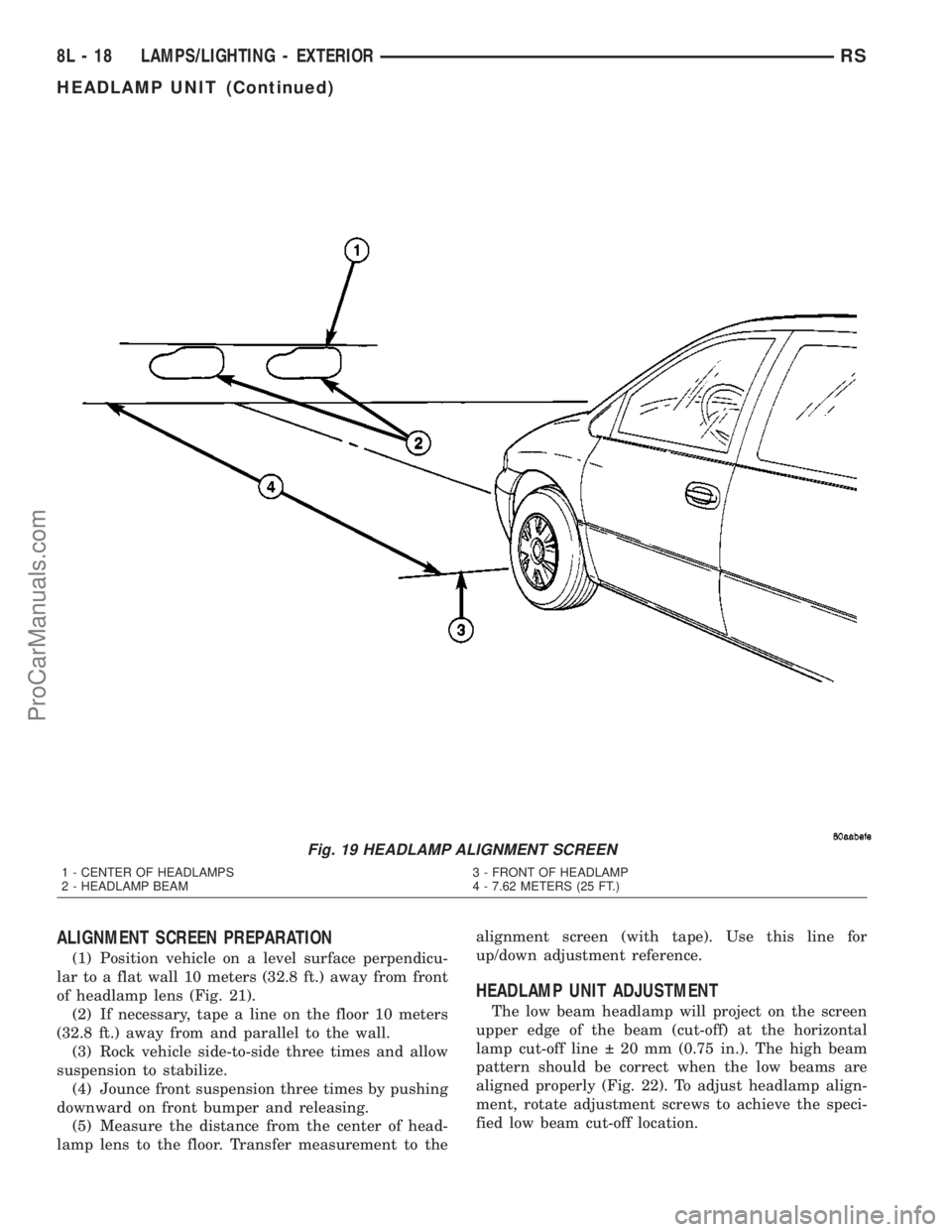 DODGE TOWN AND COUNTRY 2003  Service Manual ALIGNMENT SCREEN PREPARATION
(1) Position vehicle on a level surface perpendicu-
lar to a flat wall 10 meters (32.8 ft.) away from front
of headlamp lens (Fig. 21).
(2) If necessary, tape a line on th
