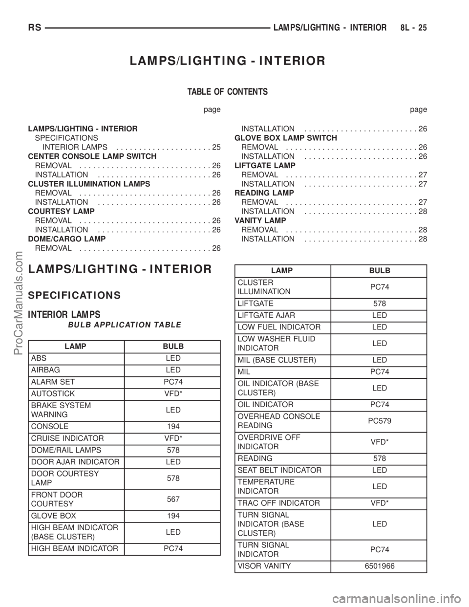 DODGE TOWN AND COUNTRY 2003  Service Manual LAMPS/LIGHTING - INTERIOR
TABLE OF CONTENTS
page page
LAMPS/LIGHTING - INTERIOR
SPECIFICATIONS
INTERIOR LAMPS.....................25
CENTER CONSOLE LAMP SWITCH
REMOVAL.............................26
I