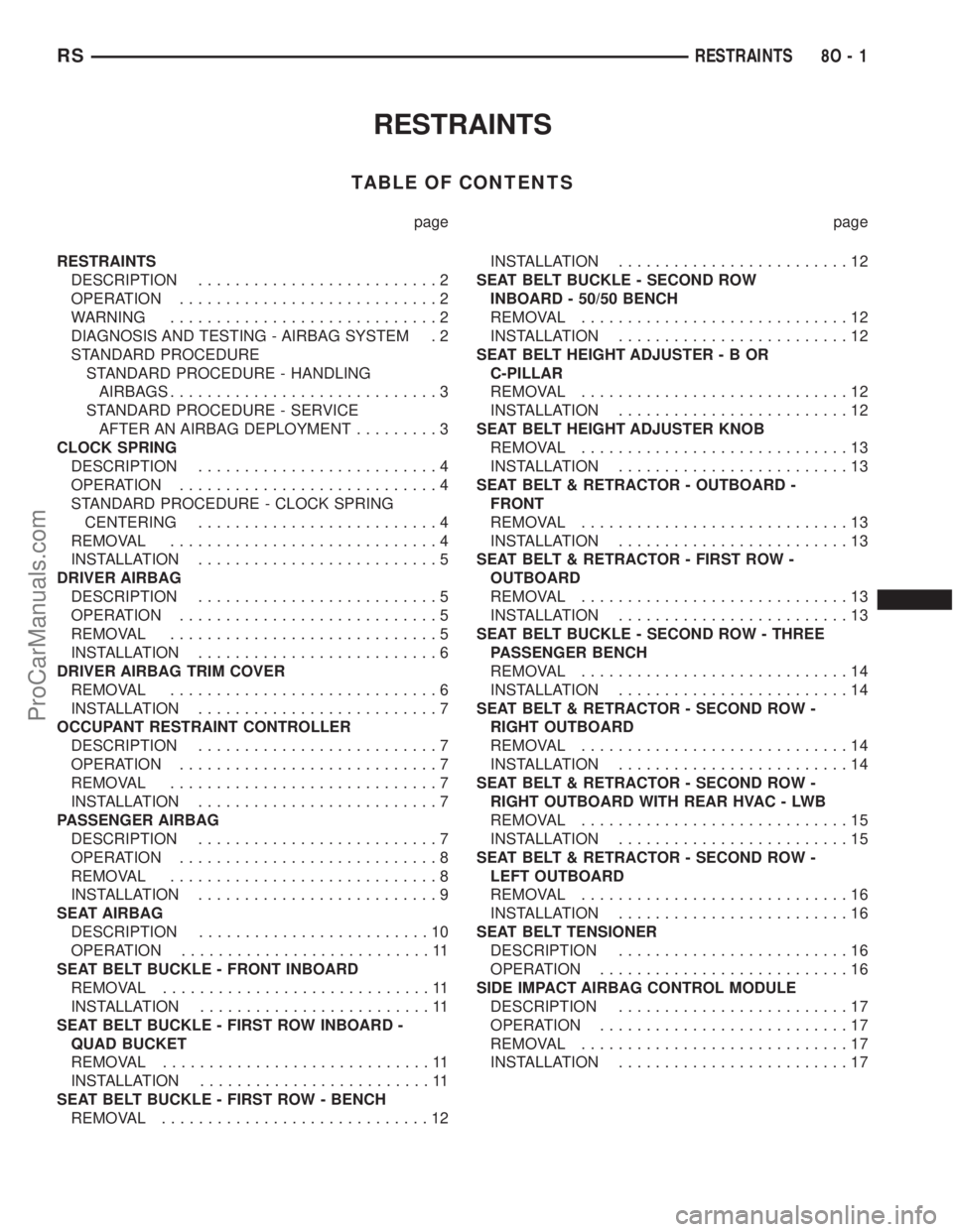 DODGE TOWN AND COUNTRY 2003 Service Manual RESTRAINTS
TABLE OF CONTENTS
page page
RESTRAINTS
DESCRIPTION..........................2
OPERATION............................2
WARNING.............................2
DIAGNOSIS AND TESTING - AIRBAG SYS DODGE TOWN AND COUNTRY 2003 Service Manual RESTRAINTS
TABLE OF CONTENTS
page page
RESTRAINTS
DESCRIPTION..........................2
OPERATION............................2
WARNING.............................2
DIAGNOSIS AND TESTING - AIRBAG SYS