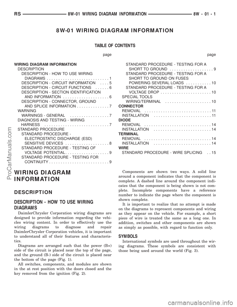 DODGE TOWN AND COUNTRY 2003 Service Manual 8W-01 WIRING DIAGRAM INFORMATION
TABLE OF CONTENTS
page page
WIRING DIAGRAM INFORMATION
DESCRIPTION
DESCRIPTION - HOW TO USE WIRING
DIAGRAMS...........................1
DESCRIPTION - CIRCUIT INFORMATI DODGE TOWN AND COUNTRY 2003 Service Manual 8W-01 WIRING DIAGRAM INFORMATION
TABLE OF CONTENTS
page page
WIRING DIAGRAM INFORMATION
DESCRIPTION
DESCRIPTION - HOW TO USE WIRING
DIAGRAMS...........................1
DESCRIPTION - CIRCUIT INFORMATI