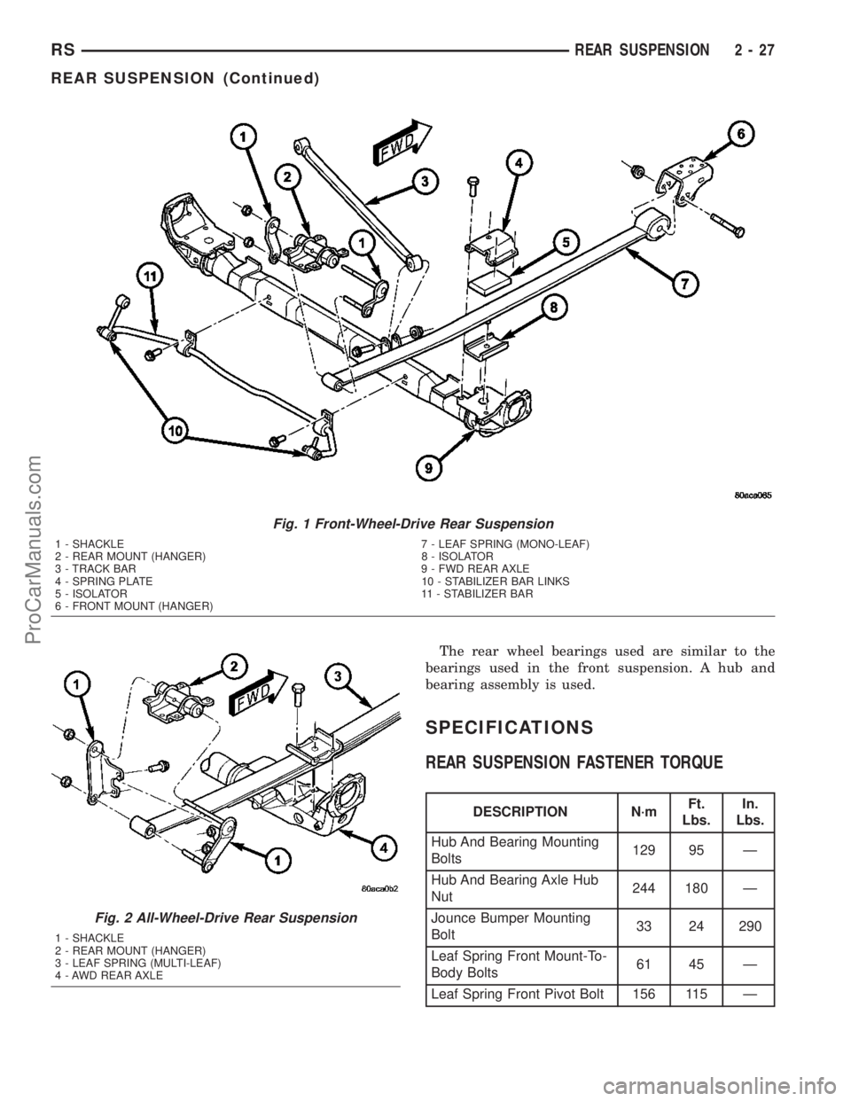 DODGE TOWN AND COUNTRY 2003  Service Manual The rear wheel bearings used are similar to the
bearings used in the front suspension. A hub and
bearing assembly is used.
SPECIFICATIONS
REAR SUSPENSION FASTENER TORQUE
DESCRIPTION N´mFt.
Lbs.In.
Lb