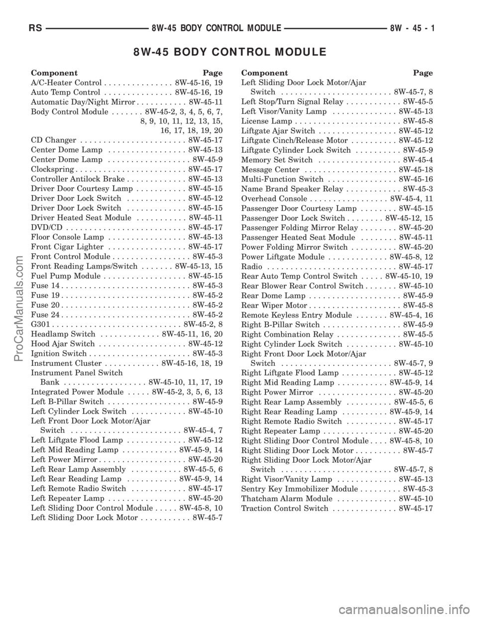 DODGE TOWN AND COUNTRY 2003  Service Manual 8W-45 BODY CONTROL MODULE
Component Page
A/C-Heater Control............... 8W-45-16, 19
Auto Temp Control............... 8W-45-16, 19
Automatic Day/Night Mirror........... 8W-45-11
Body Control Module