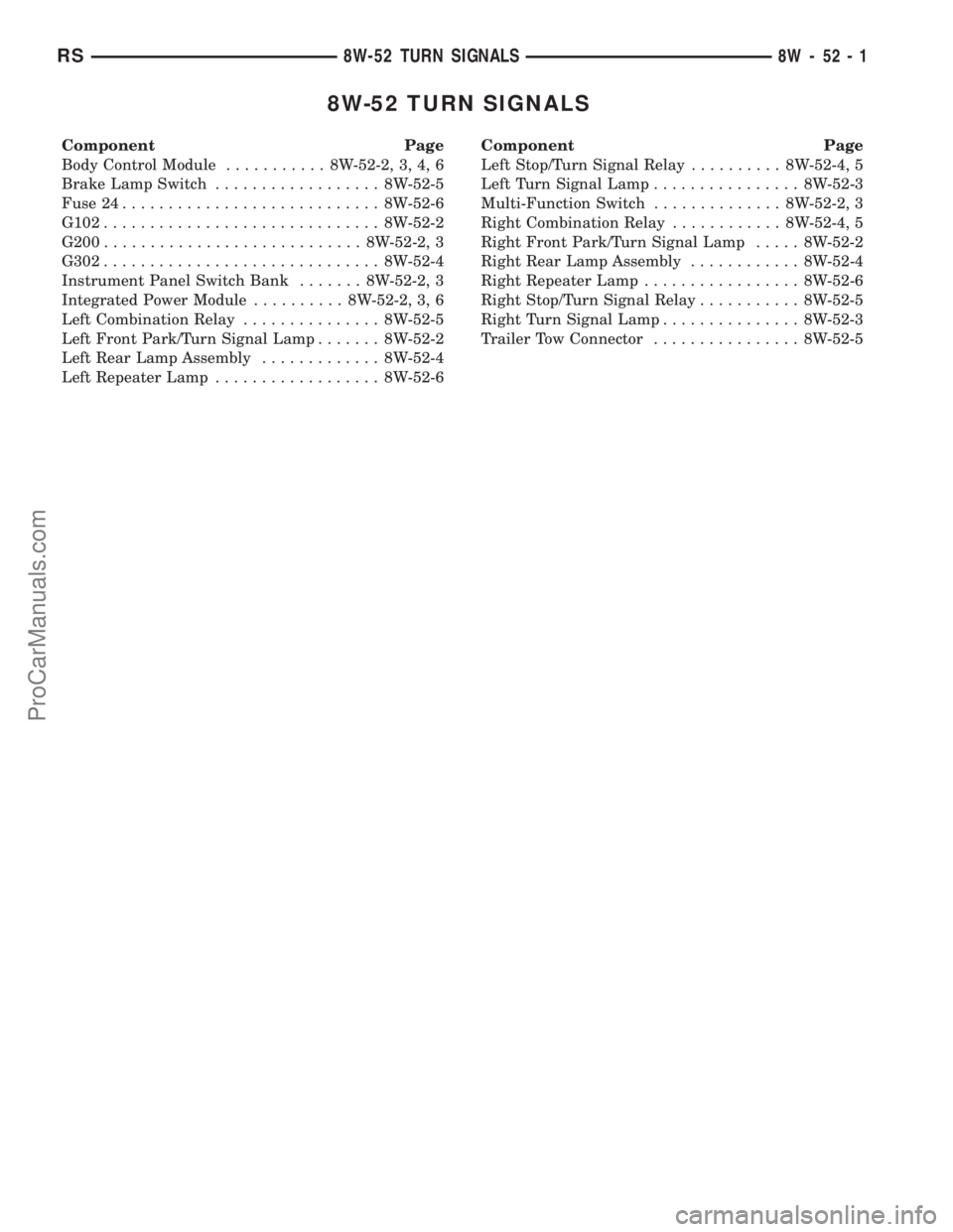 DODGE TOWN AND COUNTRY 2003  Service Manual 8W-52 TURN SIGNALS
Component Page
Body Control Module........... 8W-52-2, 3, 4, 6
Brake Lamp Switch.................. 8W-52-5
Fuse 24............................ 8W-52-6
G102..........................
