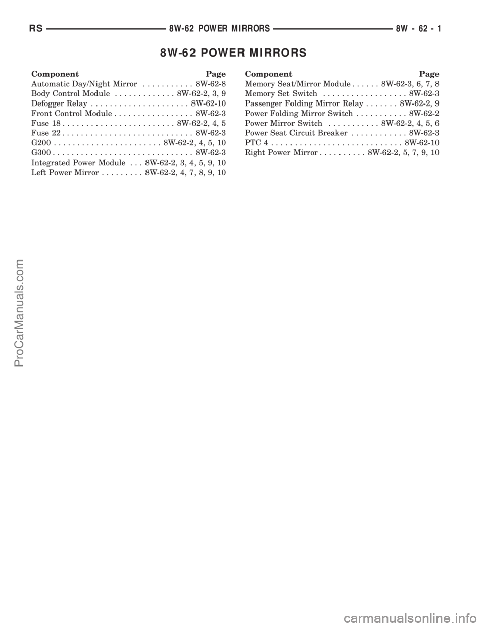 DODGE TOWN AND COUNTRY 2003  Service Manual 8W-62 POWER MIRRORS
Component Page
Automatic Day/Night Mirror........... 8W-62-8
Body Control Module............. 8W-62-2, 3, 9
Defogger Relay..................... 8W-62-10
Front Control Module.......