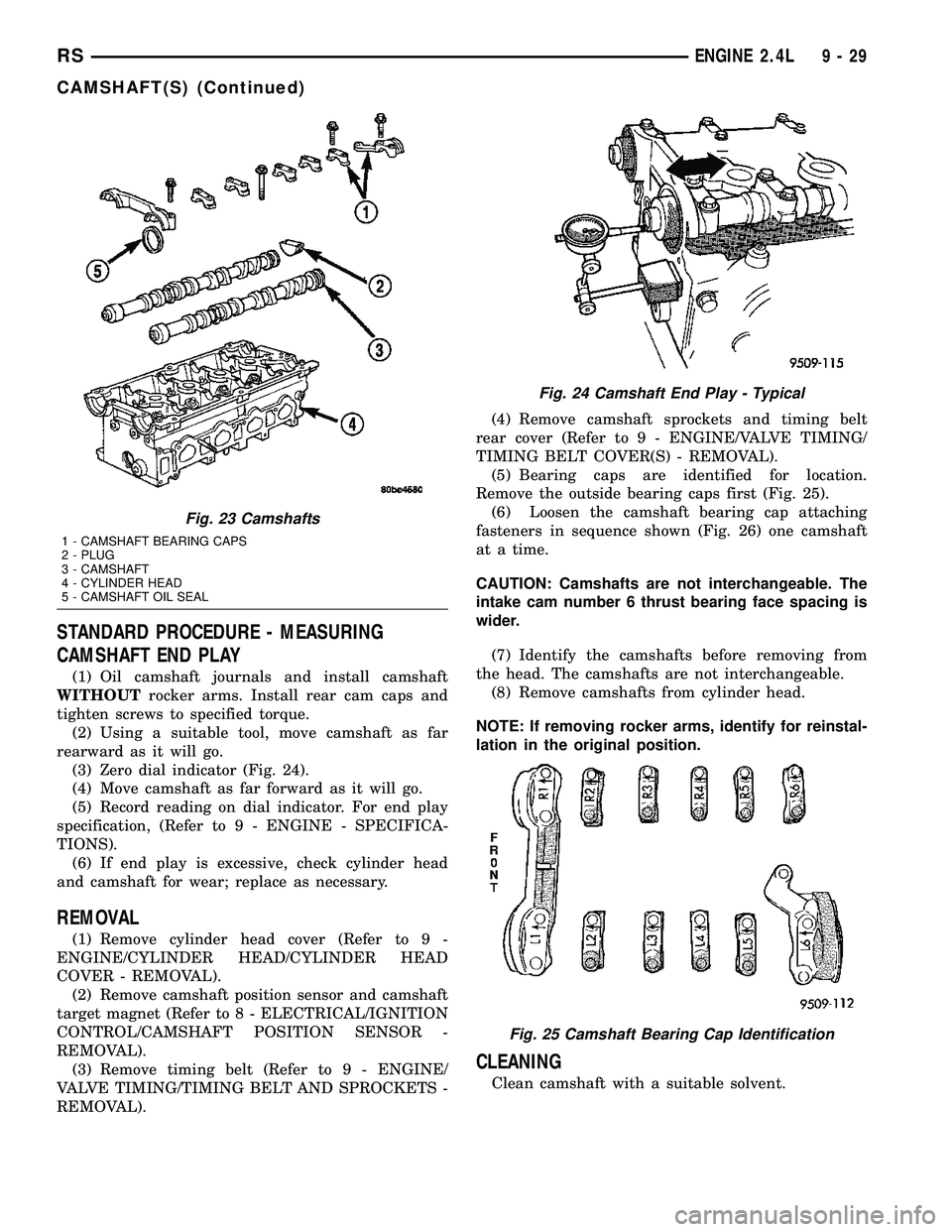 DODGE TOWN AND COUNTRY 2004  Service Manual STANDARD PROCEDURE - MEASURING
CAMSHAFT END PLAY
(1) Oil camshaft journals and install camshaft
WITHOUTrocker arms. Install rear cam caps and
tighten screws to specified torque.
(2) Using a suitable t