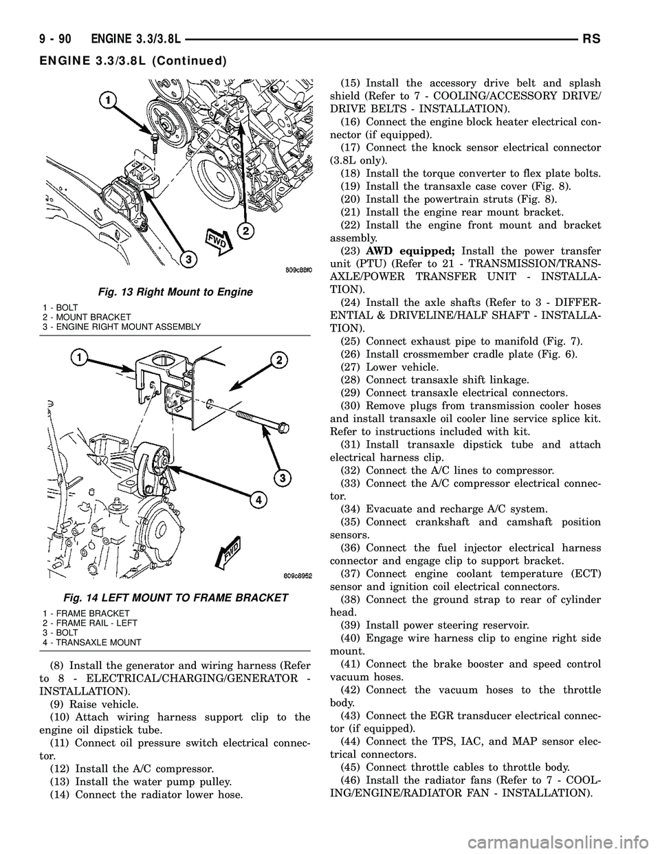 DODGE TOWN AND COUNTRY 2004  Service Manual (8) Install the generator and wiring harness (Refer
to 8 - ELECTRICAL/CHARGING/GENERATOR -
INSTALLATION).
(9) Raise vehicle.
(10) Attach wiring harness support clip to the
engine oil dipstick tube.
(1