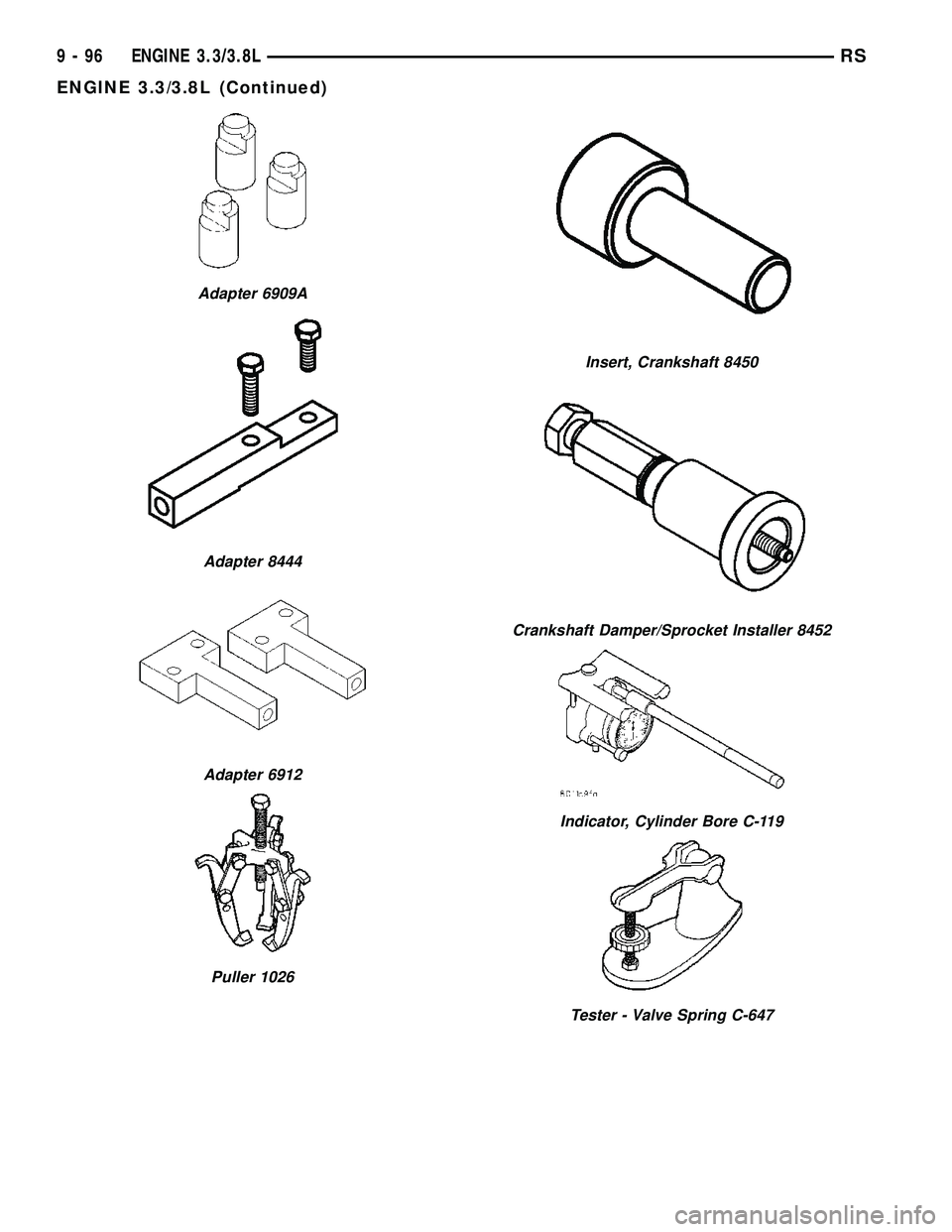 DODGE TOWN AND COUNTRY 2004  Service Manual Adapter 6909A
Adapter 8444
Adapter 6912
Puller 1026
Insert, Crankshaft 8450
Crankshaft Damper/Sprocket Installer 8452
Indicator, Cylinder Bore C-119
Tester - Valve Spring C-647
9 - 96 ENGINE 3.3/3.8LR