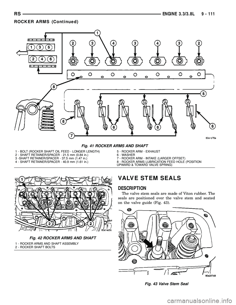 DODGE TOWN AND COUNTRY 2004  Service Manual VALVE STEM SEALS
DESCRIPTION
The valve stem seals are made of Viton rubber. The
seals are positioned over the valve stem and seated
on the valve guide (Fig. 43).
Fig. 41 ROCKER ARMS AND SHAFT
1 - BOLT