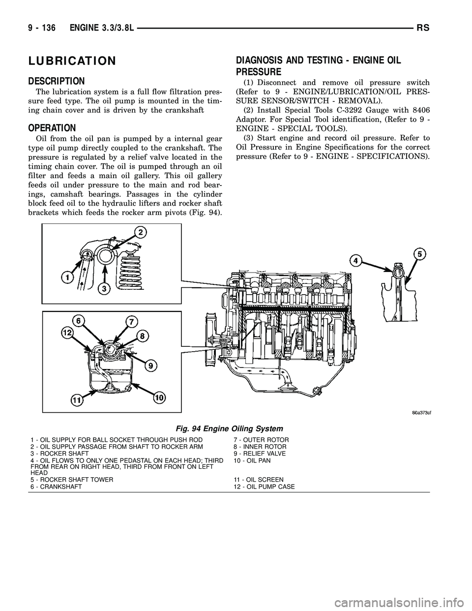 DODGE TOWN AND COUNTRY 2004  Service Manual LUBRICATION
DESCRIPTION
The lubrication system is a full flow filtration pres-
sure feed type. The oil pump is mounted in the tim-
ing chain cover and is driven by the crankshaft
OPERATION
Oil from th