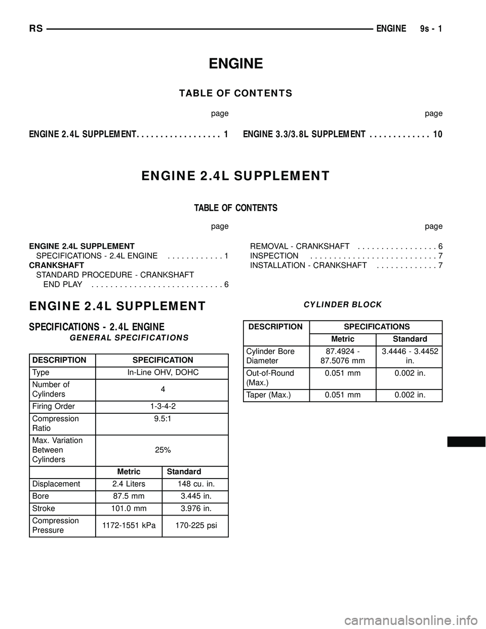 DODGE TOWN AND COUNTRY 2004  Service Manual ENGINE
TABLE OF CONTENTS
page page
ENGINE 2.4L SUPPLEMENT.................. 1ENGINE 3.3/3.8L SUPPLEMENT............. 10
ENGINE 2.4L SUPPLEMENT
TABLE OF CONTENTS
page page
ENGINE 2.4L SUPPLEMENT
SPECIF