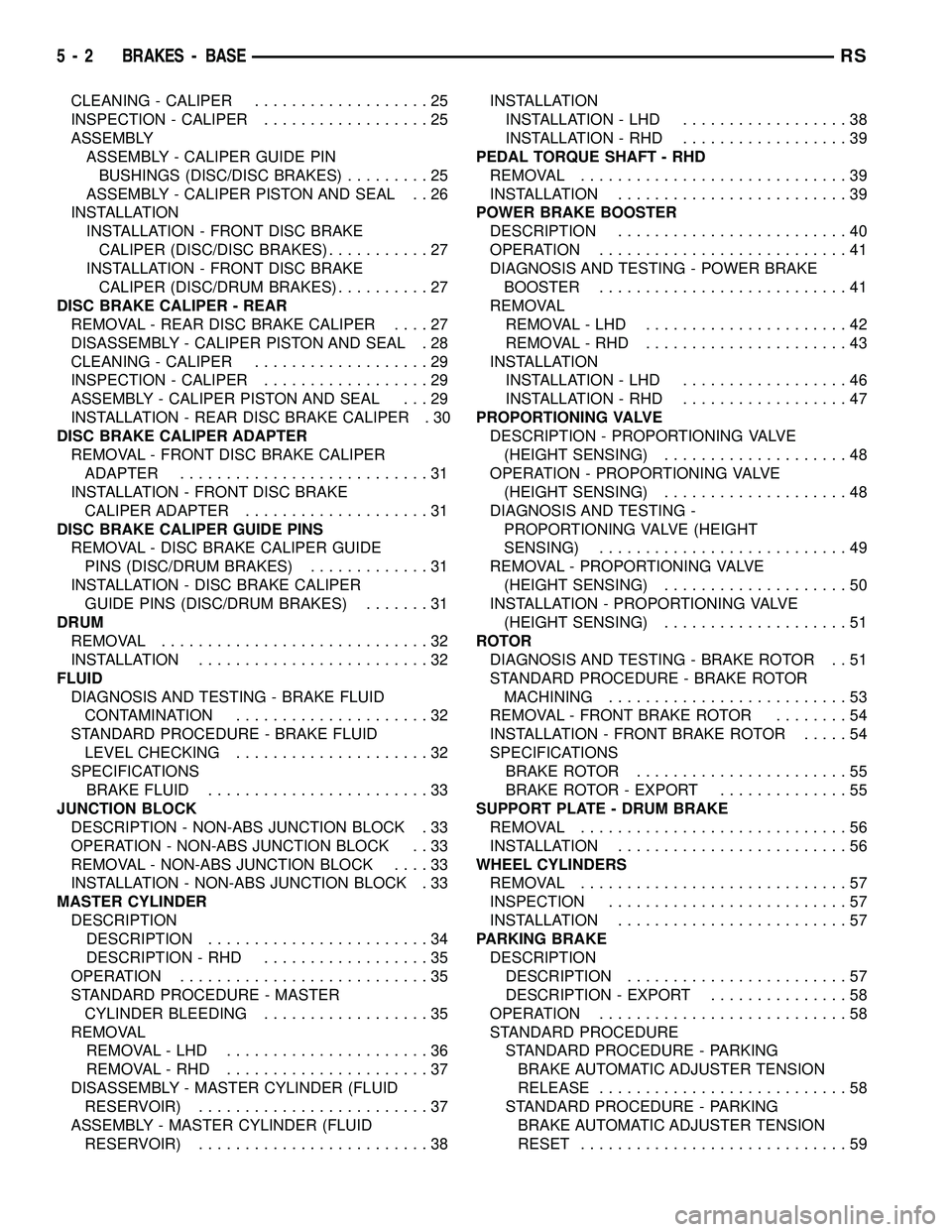 DODGE TOWN AND COUNTRY 2004  Service Manual CLEANING - CALIPER...................25
INSPECTION - CALIPER..................25
ASSEMBLY
ASSEMBLY - CALIPER GUIDE PIN
BUSHINGS (DISC/DISC BRAKES).........25
ASSEMBLY - CALIPER PISTON AND SEAL . . 26
