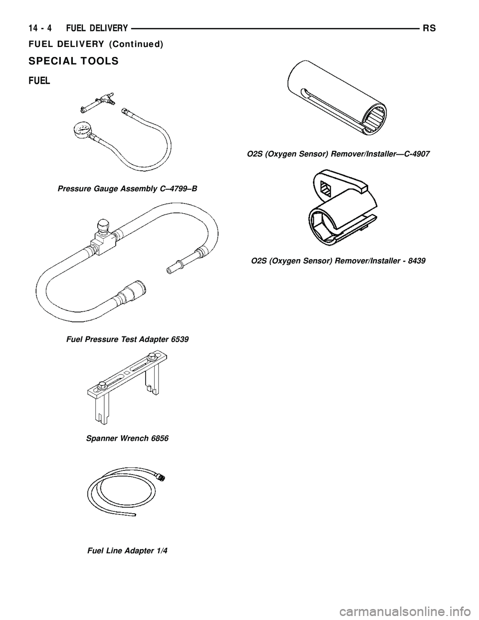 DODGE TOWN AND COUNTRY 2004  Service Manual SPECIAL TOOLS
FUEL
Pressure Gauge Assembly C±4799±B
Fuel Pressure Test Adapter 6539
Spanner Wrench 6856
Fuel Line Adapter 1/4
O2S (Oxygen Sensor) Remover/InstallerÐC-4907
O2S (Oxygen Sensor) Remove