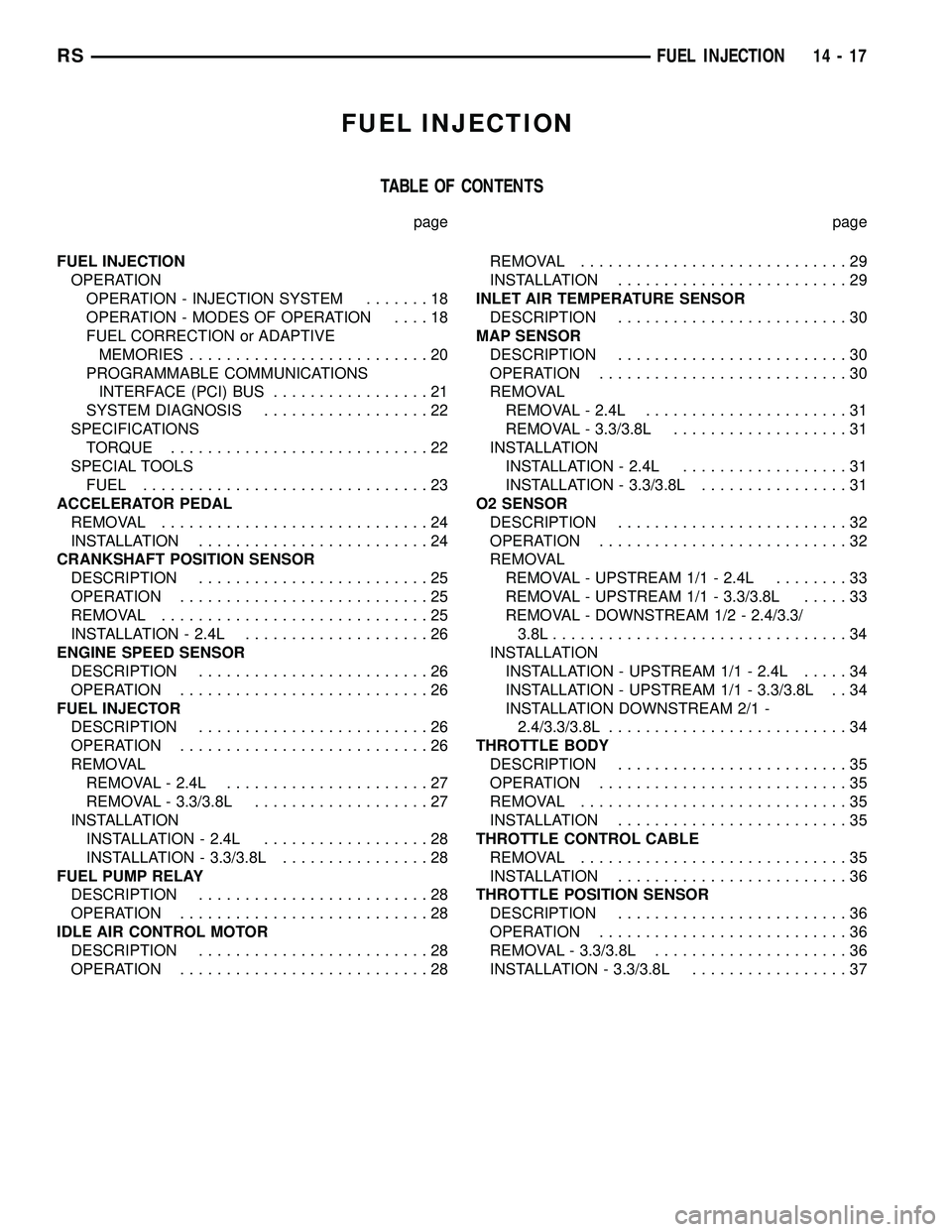 DODGE TOWN AND COUNTRY 2004  Service Manual FUEL INJECTION
TABLE OF CONTENTS
page page
FUEL INJECTION
OPERATION
OPERATION - INJECTION SYSTEM.......18
OPERATION - MODES OF OPERATION....18
FUEL CORRECTION or ADAPTIVE
MEMORIES.....................