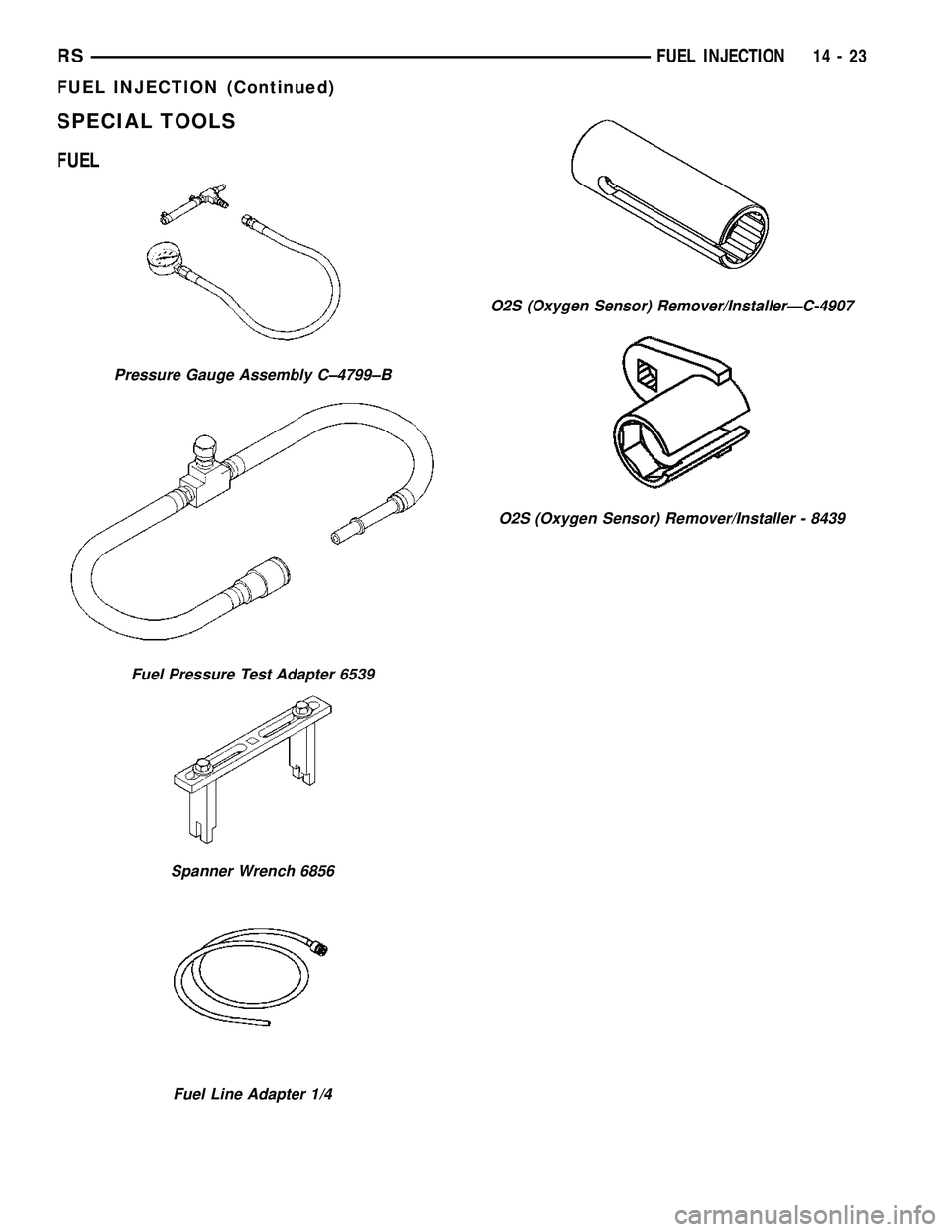 DODGE TOWN AND COUNTRY 2004  Service Manual SPECIAL TOOLS
FUEL
Pressure Gauge Assembly C±4799±B
Fuel Pressure Test Adapter 6539
Spanner Wrench 6856
Fuel Line Adapter 1/4
O2S (Oxygen Sensor) Remover/InstallerÐC-4907
O2S (Oxygen Sensor) Remove
