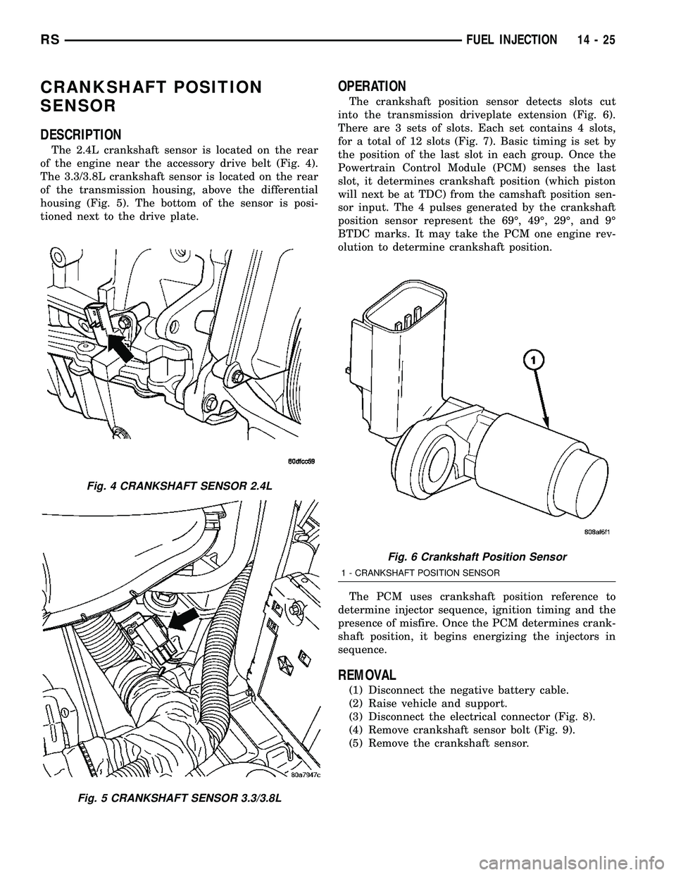 DODGE TOWN AND COUNTRY 2004  Service Manual CRANKSHAFT POSITION
SENSOR
DESCRIPTION
The 2.4L crankshaft sensor is located on the rear
of the engine near the accessory drive belt (Fig. 4).
The 3.3/3.8L crankshaft sensor is located on the rear
of 