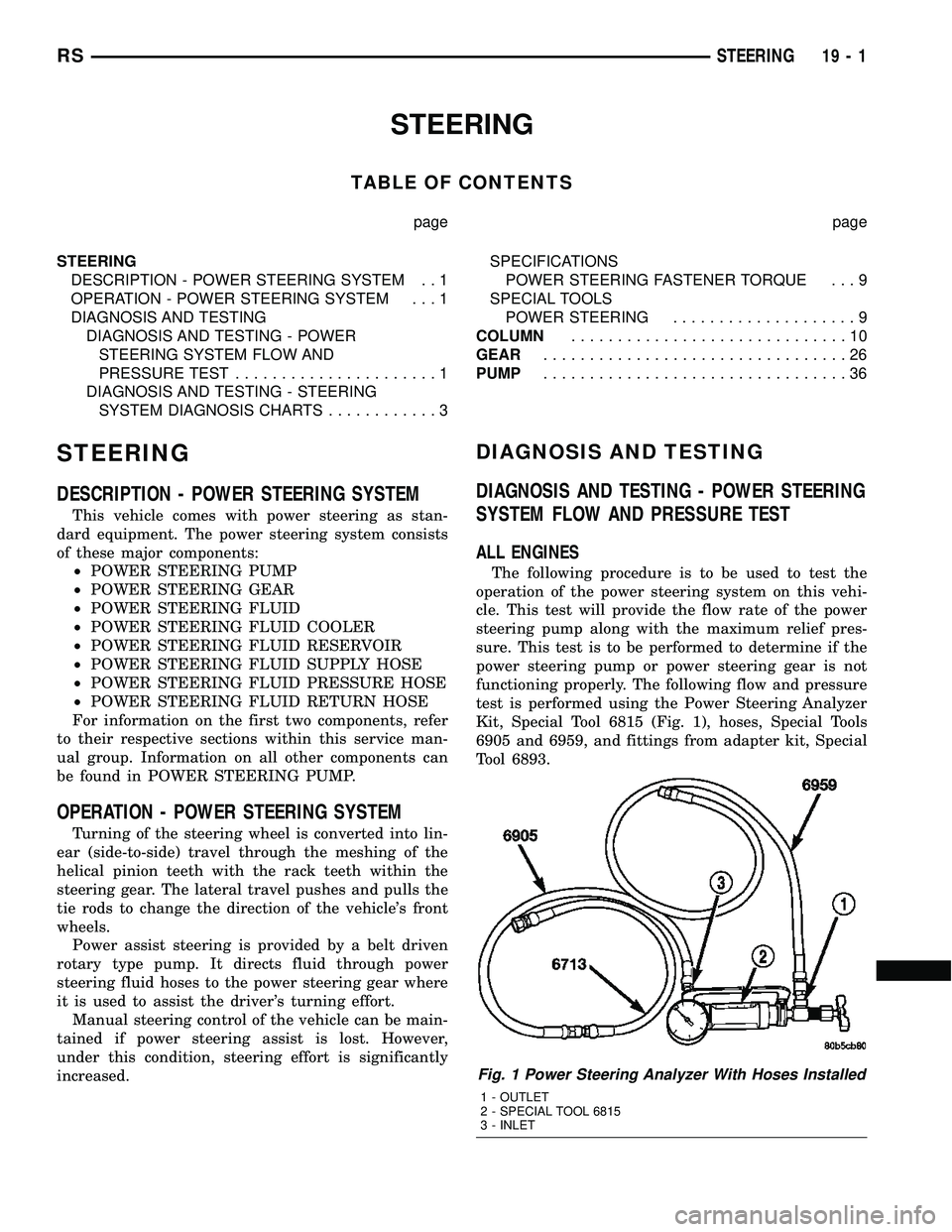 DODGE TOWN AND COUNTRY 2004  Service Manual STEERING
TABLE OF CONTENTS
page page
STEERING
DESCRIPTION - POWER STEERING SYSTEM . . 1
OPERATION - POWER STEERING SYSTEM . . . 1
DIAGNOSIS AND TESTING
DIAGNOSIS AND TESTING - POWER
STEERING SYSTEM FL