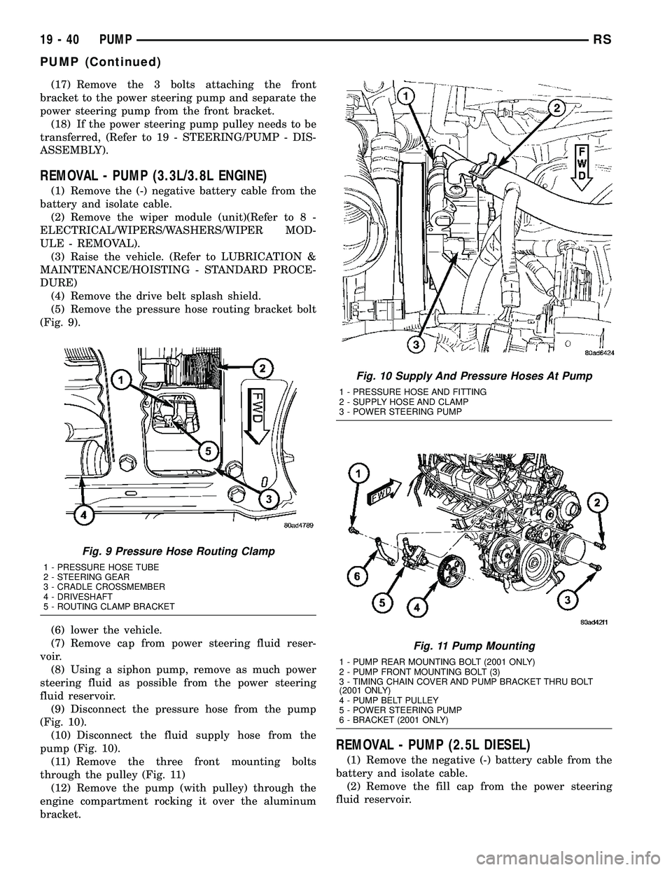 DODGE TOWN AND COUNTRY 2004  Service Manual (17) Remove the 3 bolts attaching the front
bracket to the power steering pump and separate the
power steering pump from the front bracket.
(18) If the power steering pump pulley needs to be
transferr