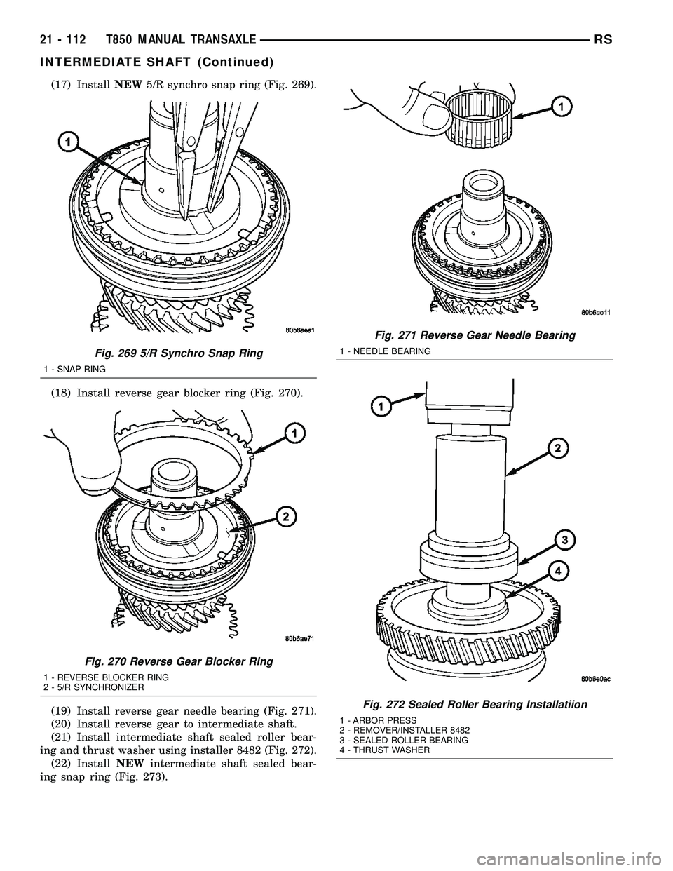 DODGE TOWN AND COUNTRY 2004  Service Manual (17) InstallNEW5/R synchro snap ring (Fig. 269).
(18) Install reverse gear blocker ring (Fig. 270).
(19) Install reverse gear needle bearing (Fig. 271).
(20) Install reverse gear to intermediate shaft