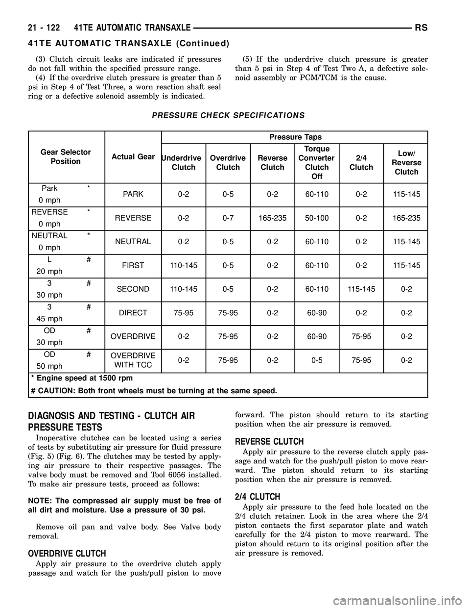 DODGE TOWN AND COUNTRY 2004  Service Manual (3) Clutch circuit leaks are indicated if pressures
do not fall within the specified pressure range.
(4)
If the overdrive clutch pressure is greater than 5
psi in Step 4 of Test Three, a worn reaction