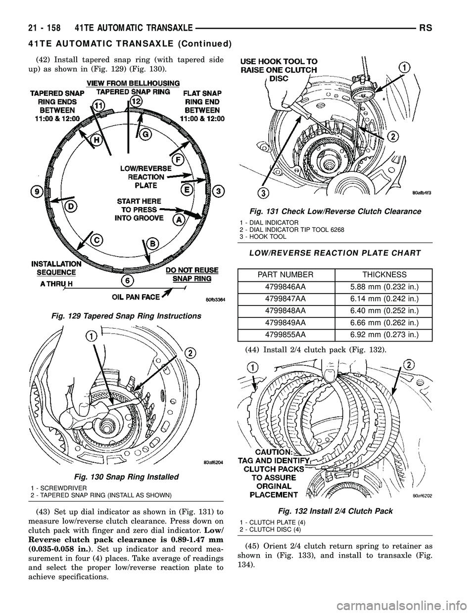 DODGE TOWN AND COUNTRY 2004  Service Manual (42) Install tapered snap ring (with tapered side
up) as shown in (Fig. 129) (Fig. 130).
(43) Set up dial indicator as shown in (Fig. 131) to
measure low/reverse clutch clearance. Press down on
clutch