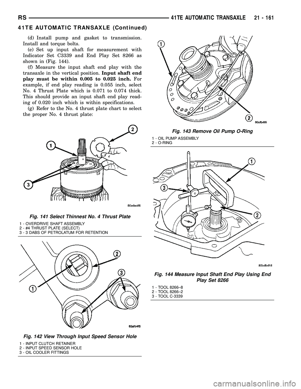 DODGE TOWN AND COUNTRY 2004  Service Manual (d) Install pump and gasket to transmission.
Install and torque bolts.
(e) Set up input shaft for measurement with
Indicator Set C3339 and End Play Set 8266 as
shown in (Fig. 144).
(f) Measure the inp