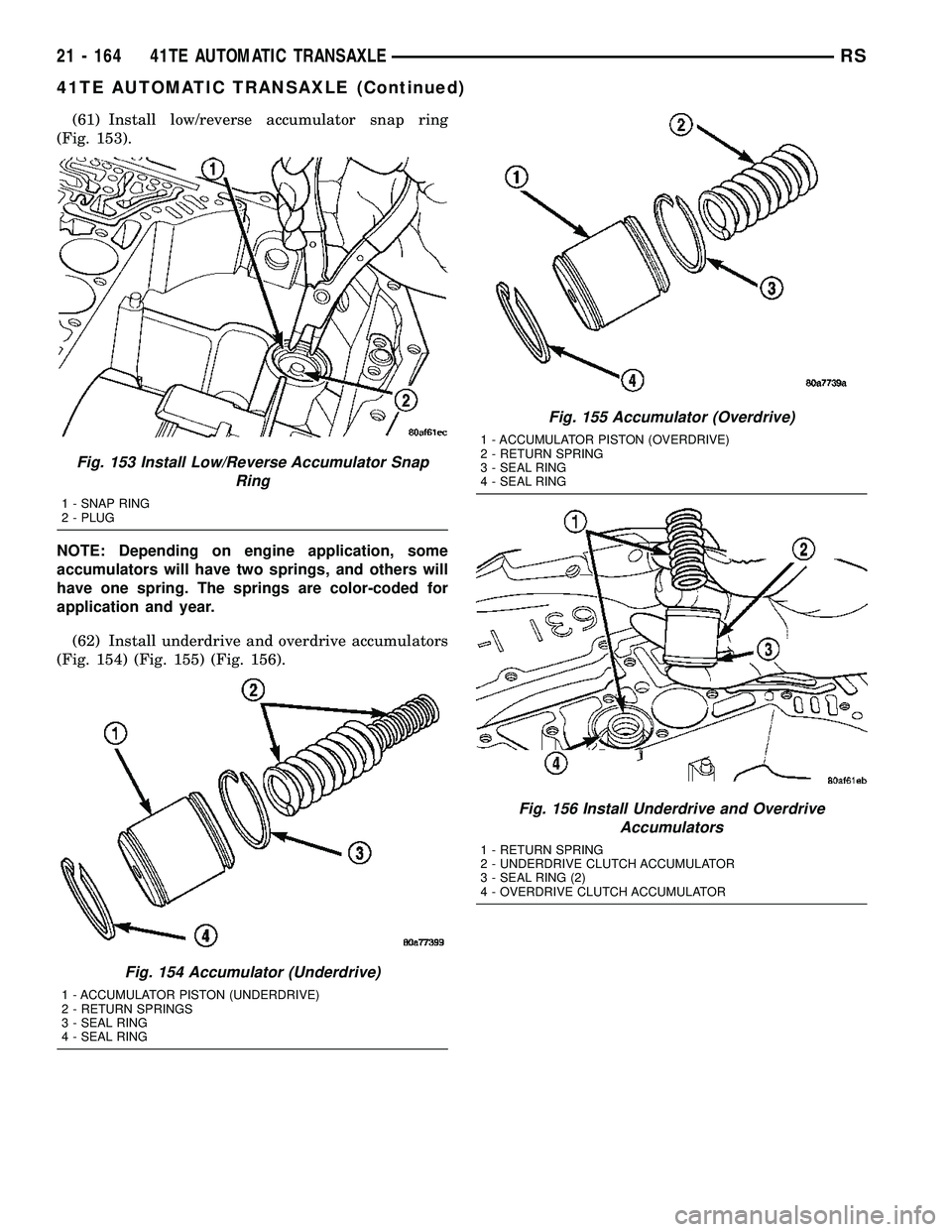 DODGE TOWN AND COUNTRY 2004  Service Manual (61) Install low/reverse accumulator snap ring
(Fig. 153).
NOTE: Depending on engine application, some
accumulators will have two springs, and others will
have one spring. The springs are color-coded 