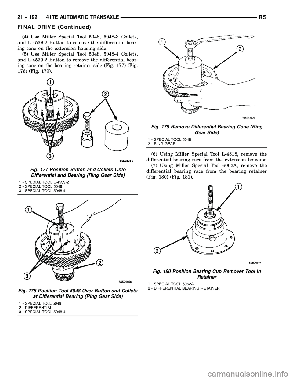 DODGE TOWN AND COUNTRY 2004  Service Manual (4) Use Miller Special Tool 5048, 5048-3 Collets,
and L-4539-2 Button to remove the differential bear-
ing cone on the extension housing side.
(5) Use Miller Special Tool 5048, 5048-4 Collets,
and L-4