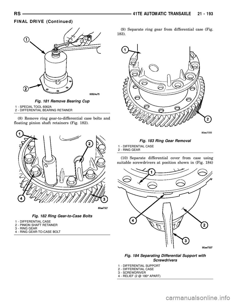 DODGE TOWN AND COUNTRY 2004  Service Manual (8) Remove ring gear-to-differential case bolts and
floating pinion shaft retainers (Fig. 182).(9) Separate ring gear from differential case (Fig.
183).
(10) Separate differential cover from case usin