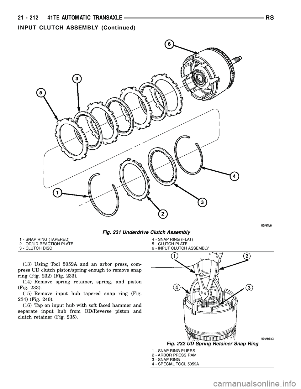 DODGE TOWN AND COUNTRY 2004  Service Manual (13) Using Tool 5059A and an arbor press, com-
press UD clutch piston/spring enough to remove snap
ring (Fig. 232) (Fig. 233).
(14) Remove spring retainer, spring, and piston
(Fig. 233).
(15) Remove i