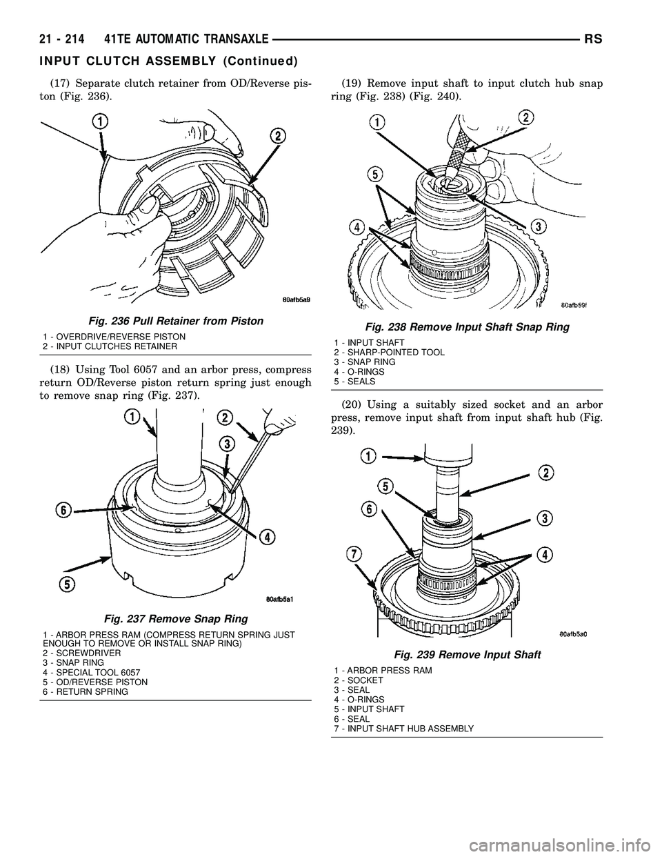 DODGE TOWN AND COUNTRY 2004  Service Manual (17) Separate clutch retainer from OD/Reverse pis-
ton (Fig. 236).
(18) Using Tool 6057 and an arbor press, compress
return OD/Reverse piston return spring just enough
to remove snap ring (Fig. 237).(