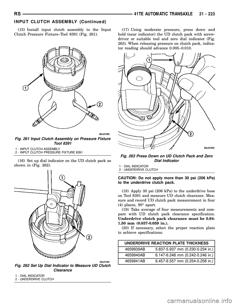 DODGE TOWN AND COUNTRY 2004  Service Manual (15) Install input clutch assembly to the Input
Clutch Pressure Fixture±Tool 8391 (Fig. 261).
(16) Set up dial indicator on the UD clutch pack as
shown in (Fig. 262).(17) Using moderate pressure, pre