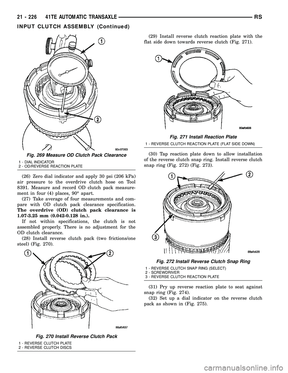 DODGE TOWN AND COUNTRY 2004  Service Manual (26) Zero dial indicator and apply 30 psi (206 kPa)
air pressure to the overdrive clutch hose on Tool
8391. Measure and record OD clutch pack measure-
ment in four (4) places, 90É apart.
(27) Take av